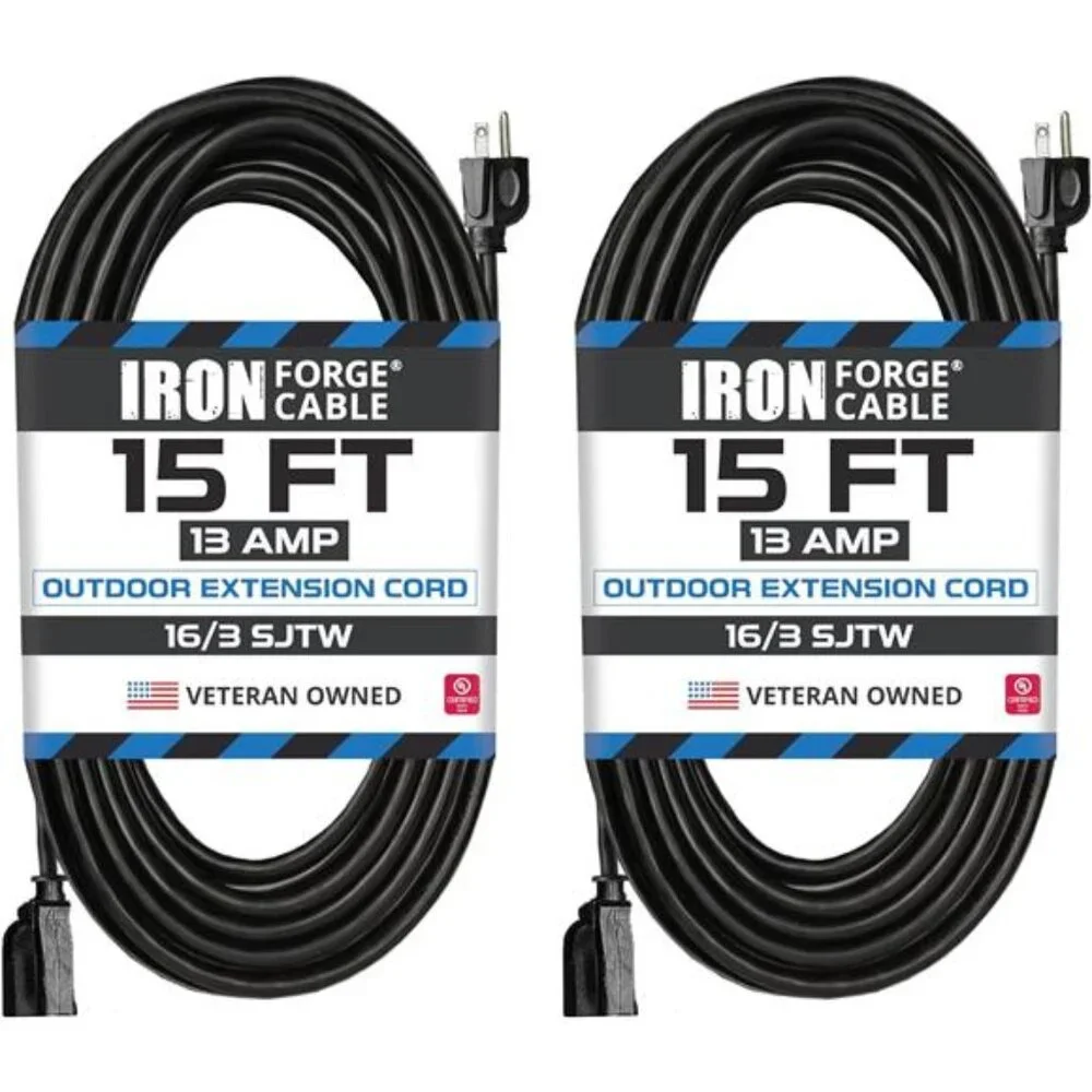 2 Pack Outdoor Extension Cord 15 ft, 16/3 SJTW Heavy Duty Black Extension Cord